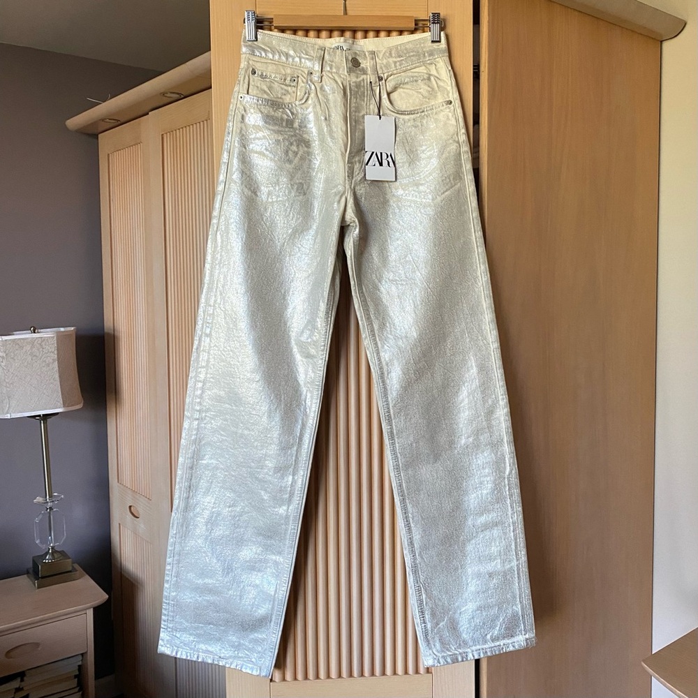 Zara silver metallic wide leg jeans - Picture 7 of 16